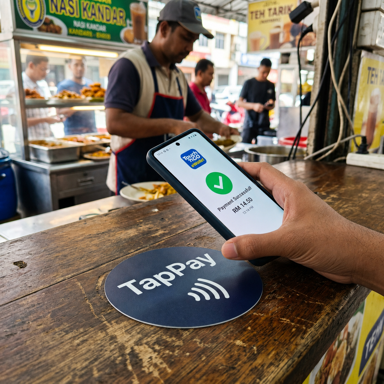 NFC Sticker being tapped at a Malaysian hawker stall